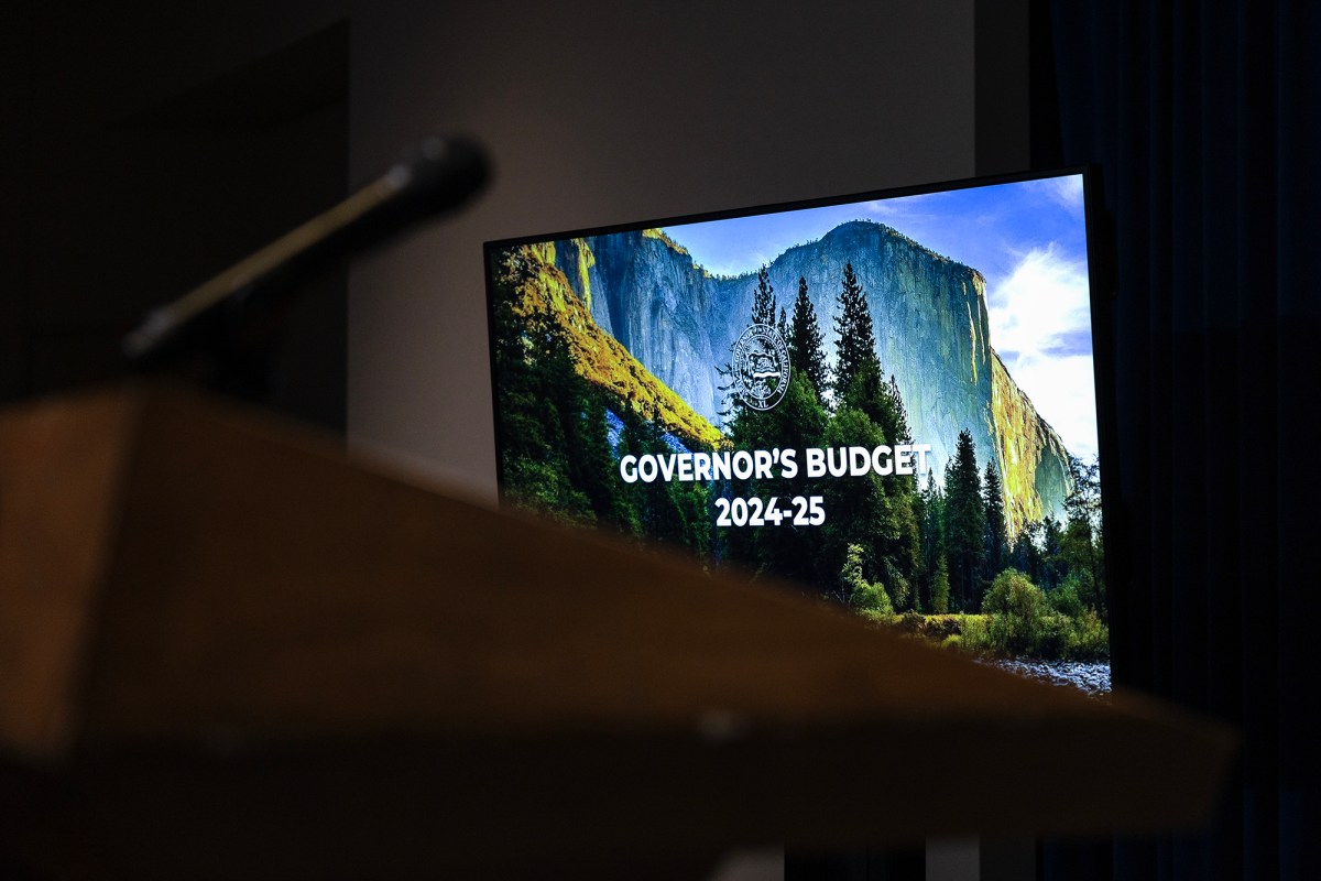 The podium before Gov. Gavin Newsom addresses the media to unveil his 2024-25 January budget proposal at the Secretary of State Auditorium in Sacramento on Jan. 10, 2024. Photo by Miguel Gutierrez Jr., CalMatters