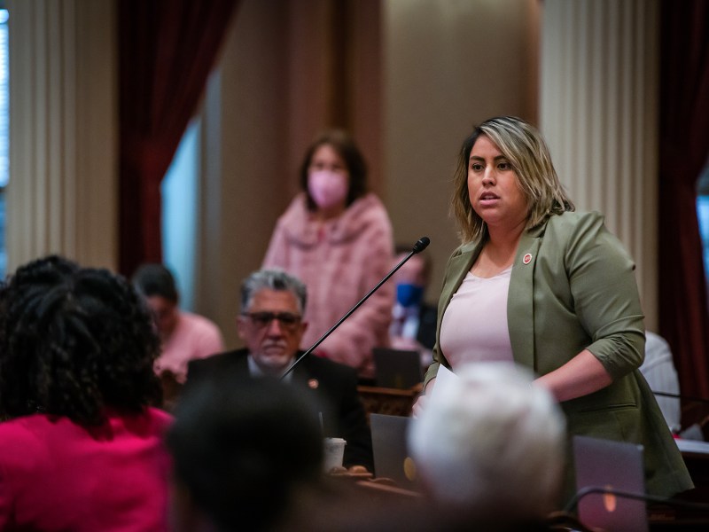 State Sen. Caroline Menjivar, a San Fernando Valley Democrat, addresses legislators during session at the state Capitol in Sacramento on Jan. 23, 2023. Photo by Rahul Lal, CalMatters