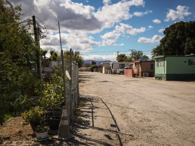 A dirt road in the Shady Lane Estates mobile home park in unincorporated Thermal, a community within the Coachella Valley in Riverside County on March 23, 2023. Pablo Unzueta for CalMatters