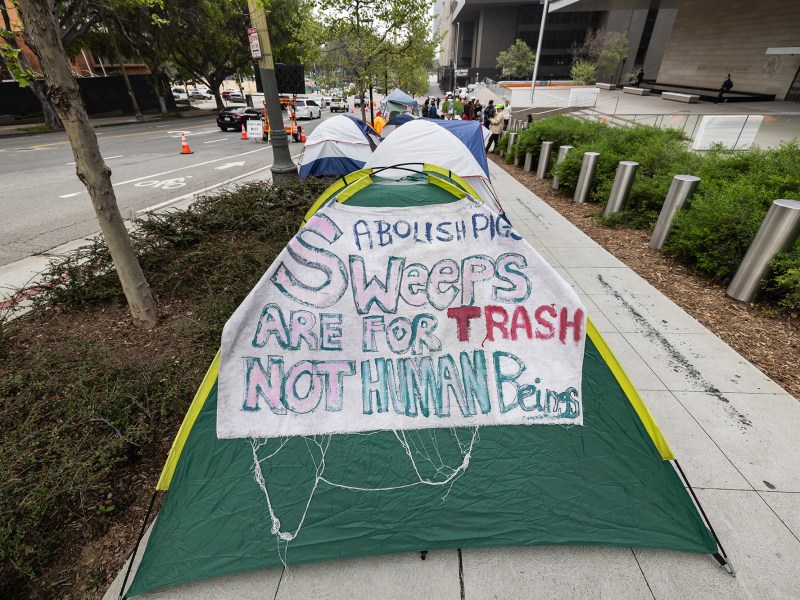 Tents outside the First Street U.S. Courthouse in Los Angeles, where homeless advocates and supporters rallied as the U.S. Supreme Court in Washington D.C. heard oral arguments in the Grants Pass case, on April 22, 2024. Photo by Ted Soqui for CalMatters