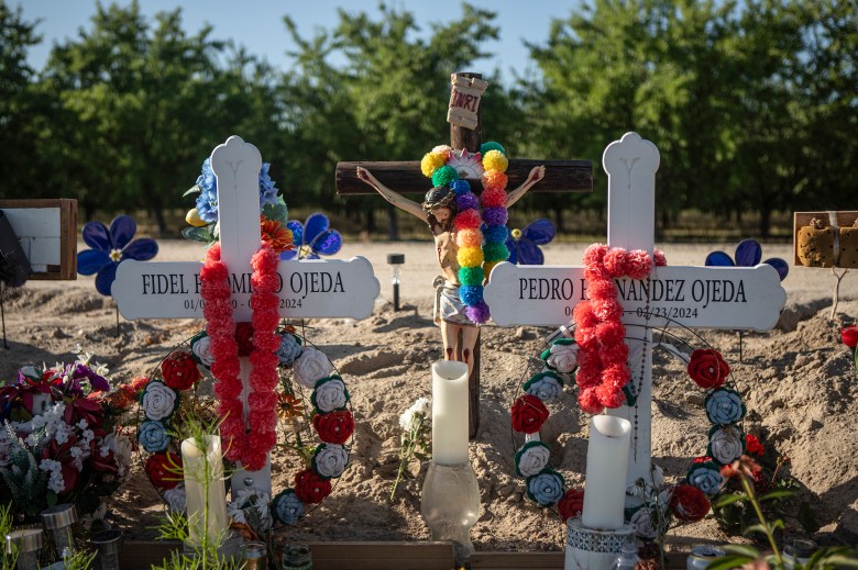 A memorial for Fidel Ojeda and Pedro Ojeda, two of seven farm workers killed while driving to work in Madera County. Madera on April 19, 2024. Photo by Larry Valenzuela, CalMatters/CatchLight Local