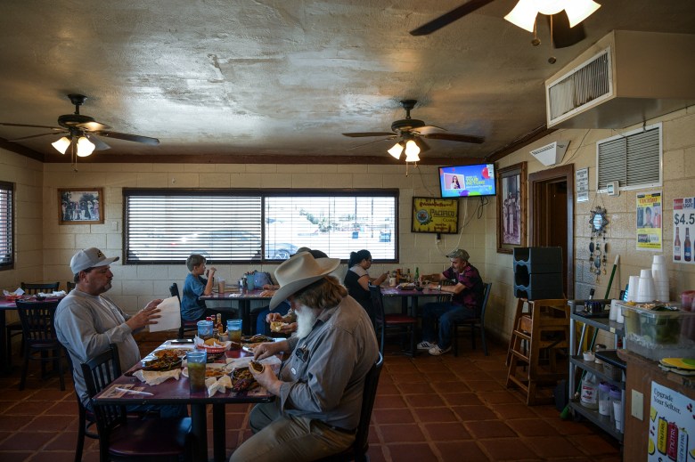 Diners at Garcia’s Restaurant in Blythe on May 8, 2023. Gov. Gavin Newsom plans to cut costs for incarceration across the state, which includes the shut down of the Chuckawalla Valley State Prison near Blythe. Photo by Pablo Unzueta for CalMatters