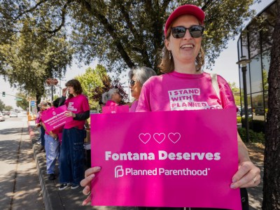 Planned Parenthood supporters rally outside Fontana City Hall on May 14, 2024. Photo by Ted Soqui for CalMatters