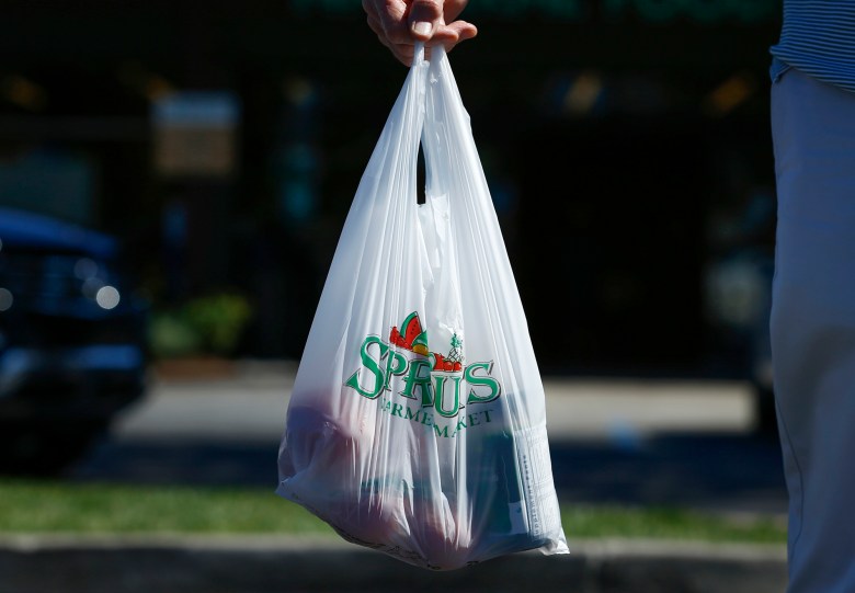 A shopper carries groceries to their car in a plastic bag after shopping at a Sprouts grocery store in San Diego on September 30, 2014. Photo by Mike Blake, REUTERS