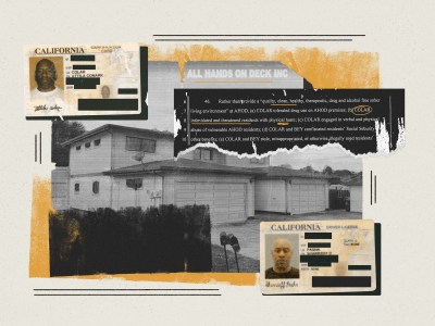 Illustration of Attila Colar's multiple licenses and text from the federal indictment. Illustration by Adriana Heldiz, CalMatters; iStock