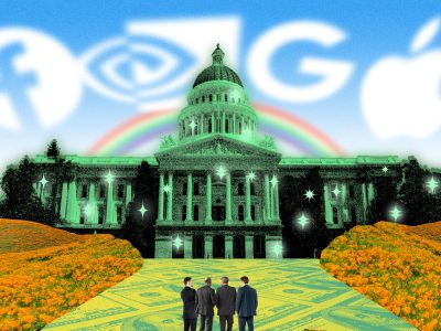 Photo illustration of four men in suits standing in front of a sparkling green California Capitol building, surrounded by a field of California poppies; the sky features clouds shaped like the logos of Facebook, Nvidia, Google, and Apple, along with a vibrant rainbow