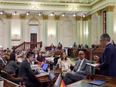 A lawmaker wearing a blue suit stands in front of a microphone that is connected to a desk at the Assembly session. Other lawmakers in the room seat at their desks and listen to him speak.