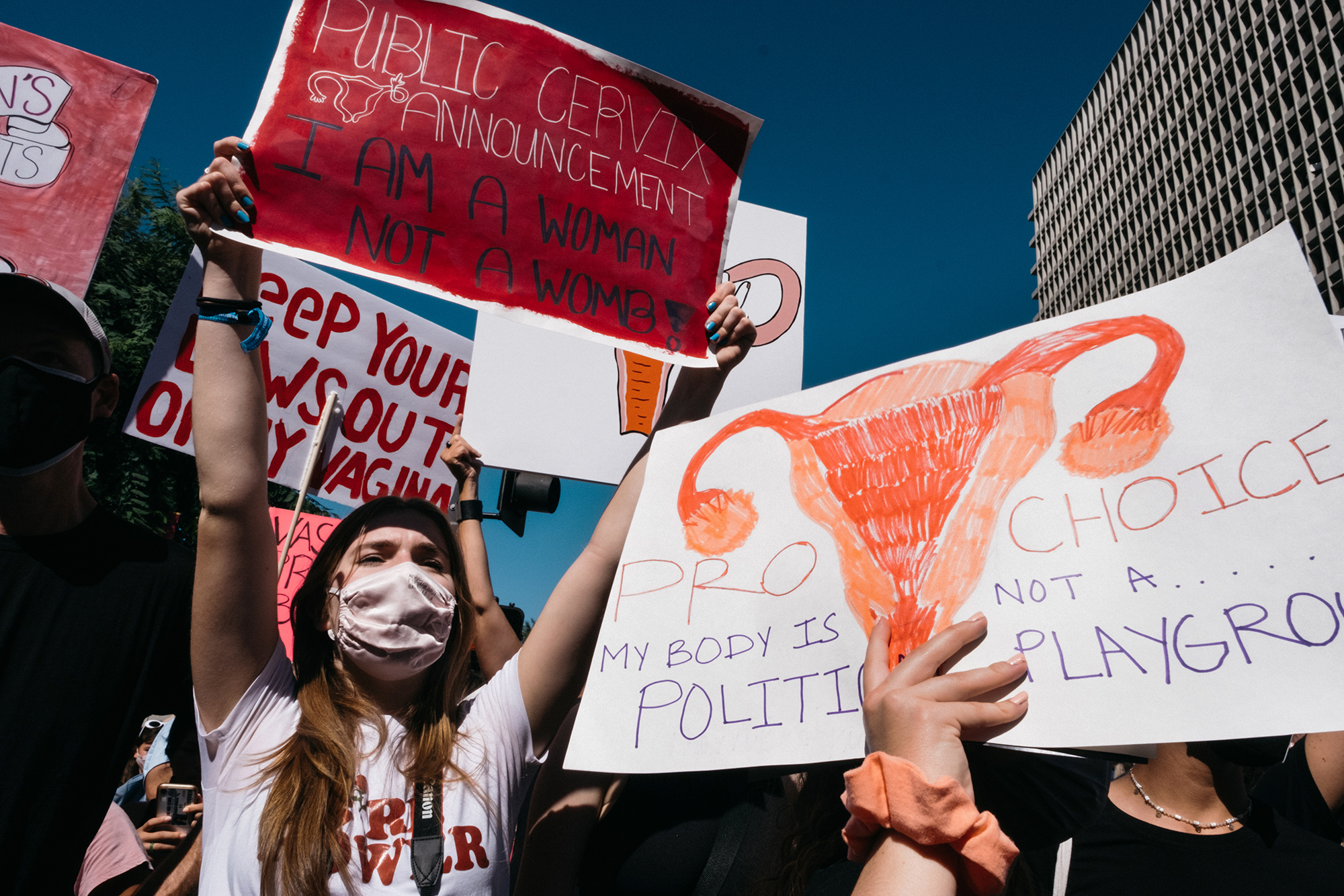 California protesters hold signs backing abortion rights during a march in Los Angeles in 2021. Photo by Elsa Seignol, REUTERS  