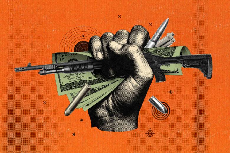 Photo illustration of a raised fist holding up crumpled up one-hundred dollar bills, a rifle and bullets