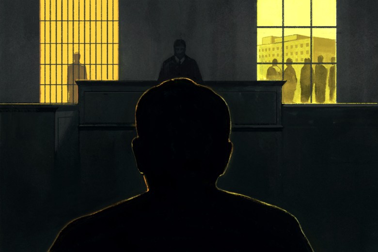 Illustration of the back of a person sitting in front of a judge; to the left of the judge, there is a vignette of a person standing in a cell; to the right, there is a line of people wrapping around a medical building