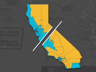 A redistricting illustration of California. Illustration by Miguel Gutierrez Jr., CalMatters; iStock