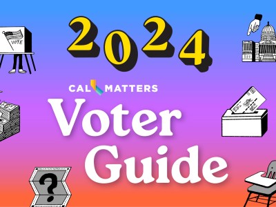 Cover for the CalMatters Voter Guide zine, featuring the numbers 2024 interwoven with spot illustrations; a bright yellow starburst sticker reads “Nonprofit and Nonpartisan News” next to the title text “CalMatters Voter Guide”