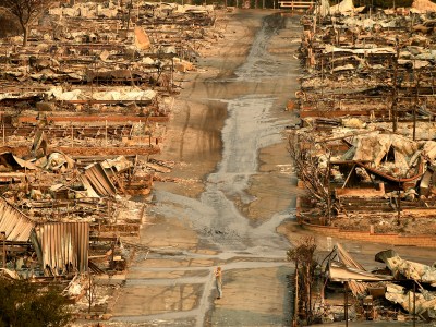 A person stands in the middle of a road surrounded by charred home structures that were destroyed by a wildfire.