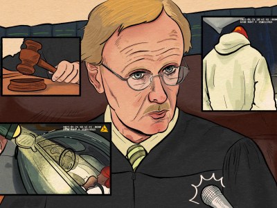 Illustration of Judge Howard Shore, a White man sporting glasses and a mustache, looking downward; there are two panels to the left and right of him showing police body cam footage of Tommy Bonds III, a young Black man, being pulled over; one panel also shows a closeup of Shore banging a gavel