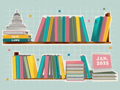 A collage-style illustration in with light blue, pink, yellow and green tones that shows two bookshelves on top of each other with books positioned upright and next to each other. The bookshelf on top includes an image of the California capitol building set on top of three books with the text "new laws" on the spine. The bottom bookshelf includes a pink standing flip calendar with the text "Jan. 2025" on it.