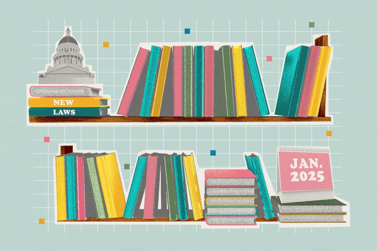 A collage-style illustration in with light blue, pink, yellow and green tones that shows two bookshelves on top of each other with books positioned upright and next to each other. The bookshelf on top includes an image of the California capitol building set on top of three books with the text "new laws" on the spine. The bottom bookshelf includes a pink standing flip calendar with the text "Jan. 2025" on it.