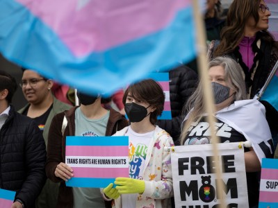 Supporters of transgender rights gathered at the Capitol during a press conference by Senator Scott Wiener, D-San Francisco, where he announced legislation to provide refuge to out-of-state transgender kids and their parents. March 17, 2022. Photo by Miguel Gutierrez Jr., CalMatters