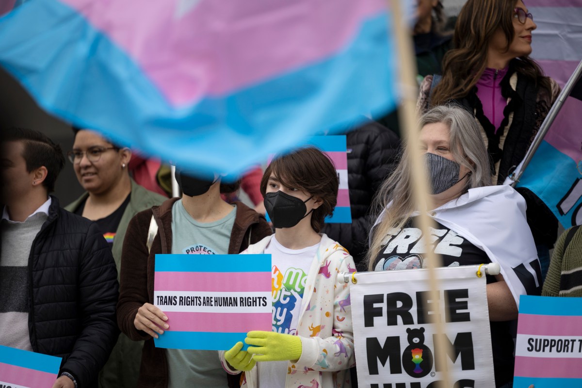 Supporters of transgender rights gathered at the Capitol during a press conference by Senator Scott Wiener, D-San Francisco, where he announced legislation to provide refuge to out-of-state transgender kids and their parents. March 17, 2022. Photo by Miguel Gutierrez Jr., CalMatters