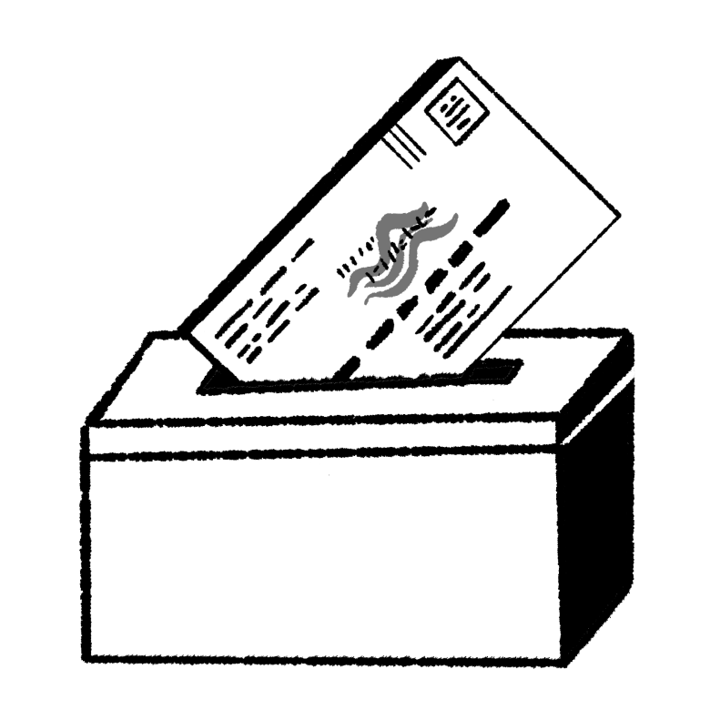 A hand-drawn illustration of a ballot going into an election box